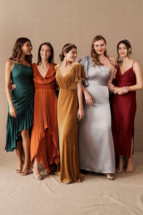 Searching for a bridesmaid dress palette that showcases the colorful personalities in your party? Perhaps something a little more daring than the classic monochromatic look? We've got you covered! BHLDN stylist Kirby C. is sharing four of her favorite avant-garde palettes, plus tips for taking mix and match maids to the next level. Bridesmaid Palette, Jewel Tone Bridesmaid, Mix Match Bridesmaids, Fall Bridesmaids, Fall Bridesmaid Dresses, Velvet Bridesmaid Dresses, Mismatched Bridesmaid Dresses, Bridesmaid Dress Colors, Bridesmaid Style