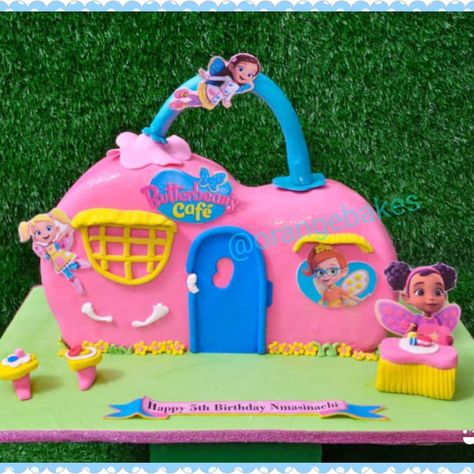 Butterbean cafe cake designed in pink, blue, green and yellow, blossoms around. It's a fondant cake for a 5 year old girl. Inspiration was gotten from a Butterbean cafe toy set. Butterbean Cafe Birthday Cake, Butterbeans Cafe, Paw Patrol Birthday Party Cake, Cars Cake Design, Butterbean's Cafe, Cafe Cake, Whipped Cream Cakes, Bean Cakes, Mini Toys