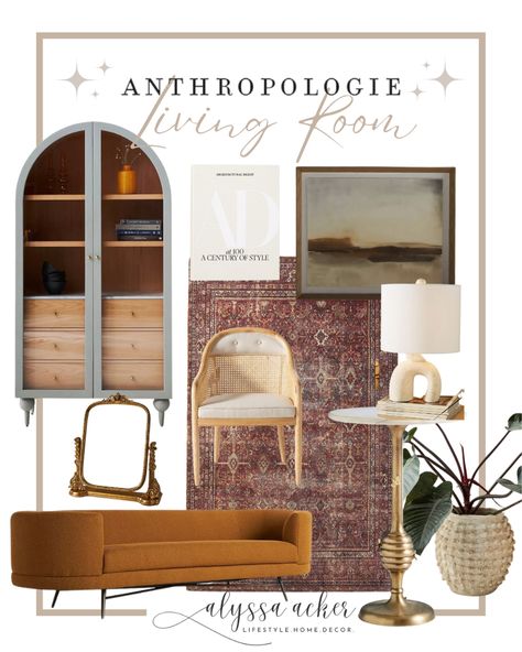 Anthropology Living Room, Anthropologie Home Living Room, Anthropologie Living Room Inspiration, Anthro Living, Anthropologie Living Room, Cozy Apartment Aesthetic, Apartment Decor Living Room, Living Room Inspiration Cozy, Arched Cabinet