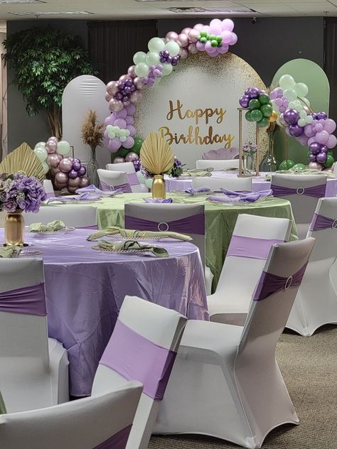 Purple And Gold Debut Theme, Purple And Lilac Party Decor, Purple Green And Gold Birthday Party, Quinceanera Themes Purple And Gold, Lilac And Green Birthday Party Ideas, Lavender And Sage Party Decor, White And Purple Sweet 16, Rapunzel Birthday Party Sweet 16, Purple And Green Reception Decor