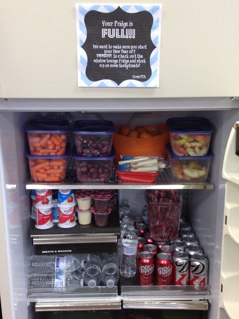 Teacher Appreciation - Fill the Fridge with tasty treats for the faculty Staff Appreciation Meal Ideas, Teacher Refrigerator Area, Teacher Fridge Area, Stock The Fridge For Teachers, Nurse Break Room Ideas, Teacher Lounge Ideas Break Room, Snacks For Teachers, Teacher Appreciation Snacks, Teacher Fridge