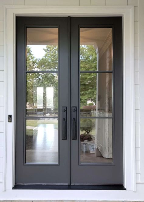 Custom Modern 3 Lite Full Lite Double Doors – Masterpiece Doors Double Porch Doors, Double Front Entry Doors Mediterranean, Back Door Ideas Exterior Patio, Front Door Industrial, Modern Farmhouse Exteriors, Double Front Doors Entrance, Modern Glass Front Door, Back Door Ideas, Large Front Doors