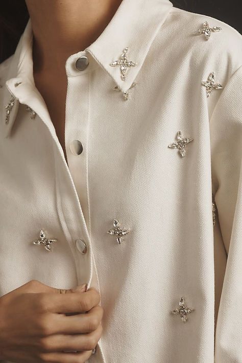 beautiful beaded pearl embroidery simple straight Embellished Button Down Shirt, Embellished White Shirt, Indian Shirts Women, Embellished Shirts Women, Embellished Clothes, Women Shirt Designs, Embroidery Simple, Beaded Shirt, Fancy Shirt