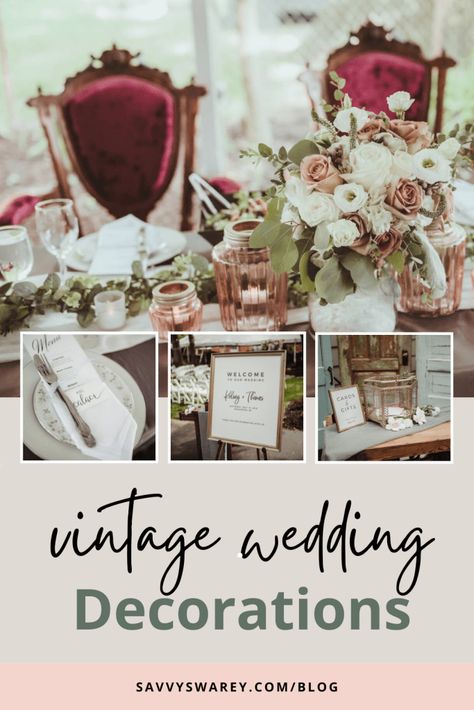 Vintage Wedding Vibes with DIY Décor & Thrifted Finds Antique Elegant Wedding Decor, Garden Vintage Wedding, Country Vintage Wedding, Vintage Wedding Aesthetic Ideas, Vintage Centerpiece Wedding, Thrifted Wedding Decor, Vintage Wedding Centerpieces Diy, Vintage Eclectic Wedding, Elegant Wedding Aesthetic