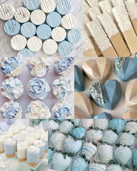 Blue Themed Dessert Table, Dusty Blue Dessert Table Wedding Ideas, Dusty Blue Dessert Table, Blue Dessert Table Ideas, Dusty Blue Cupcakes, Blue Dessert Ideas, Blue And White Dessert Table, Poodle Wedding, Baby Shower Treat Table