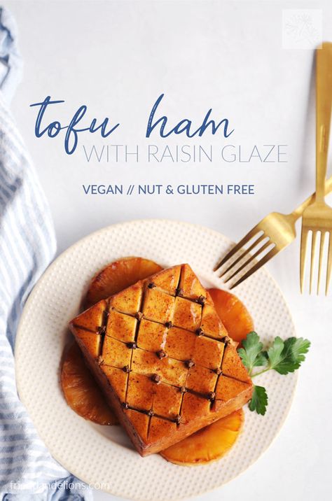 This vegan Tofu Ham with Raisin Glaze is the perfect centerpiece for your holiday meal.  Sweet and smokey, and loaded with flavor, it's sure to become a tradition for your family too! Tofu Ham, Fried Dandelions, Vegan Holiday Recipes, Plant Party, Vegan Tofu, Vegan Holiday, Vegan Holidays, Cooking Club, Holiday Meal