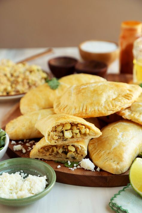 Corn Empanadas, Cheese Empanadas Recipe, Cheese Empanadas, Lime Crema, Mexican Crema, Pie Crust Dough, Cotija Cheese, Mexican Street Corn, Empanadas Recipe