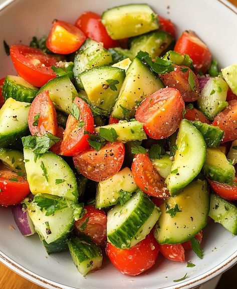 This post may contain affiliate links learn more     Bright, fresh, and bursting with flavor, this Cucumber Tomato Avocado Salad is the perfect dish for any occasion. Whether you’re hosting ... Read more Salads For Diabetics, Avocado Tomato Cucumber Salad, Avacodo Salad, Avocado Cucumber Tomato Salad, Tomato Cucumber Avocado Salad, Healthy Cucumber Salad, Tomato Avocado Salad, Weekday Recipes, Veg Salad