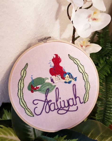 Custom designed name #hoopart with #ariel and her #friends 💕 . . .  #embroidery #embroideryart #embroiderydesign #modernembroidery… Friends Embroidery, Modern Embroidery, Hoop Art, New Hobbies, Painting Illustration, Embroidery Art, Ariel, Embroidery Designs, Diy Decor