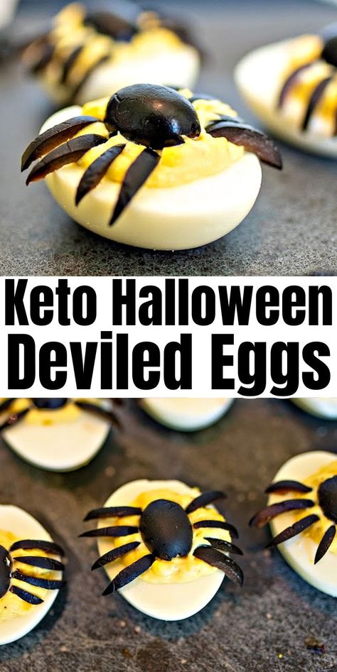 Keto Halloween Deviled Eggs - The perfect snack or appetizer for spooky season! Keto Halloween deviled eggs look like creepy spiders – but you can make them in minutes. #keto #ketorecipes #Ketodiet #Ketoappetizer #deviledeggs #ketohalloweenrecipes #halloweenfood #halloweenrecipes #spiderdeviledeggs #deviledeggs #partyfood #food #recipes Spooky Spider Deviled Eggs, Halloween Delved Eggs, Halloween Deviled Eggs Eyeballs, Fall Deviled Eggs, Spooky Deviled Eggs, Keto Halloween Recipes, Keto Halloween, Halloween Eggs, Pumpkin Deviled Eggs