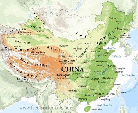 China Physical Map Ancient China Map, Kunlun Mountains, Map Of China, Geographical Features, Contemporary History, China Map, Yellow River, Physical Map, Great River