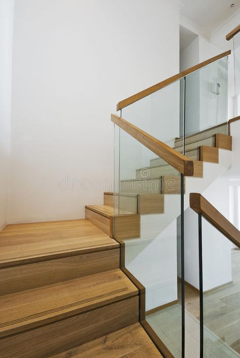 Contemporary stair case. With wooden steps and glass rails , #sponsored, #case, #stair, #Contemporary, #wooden, #rails #ad Glass Railing Stairs, Interior Stair Railing, Wood Handrail, Contemporary Stairs, Glass Stairs, Stair Railing Design, Wood Staircase, Glass Staircase, Wooden Steps