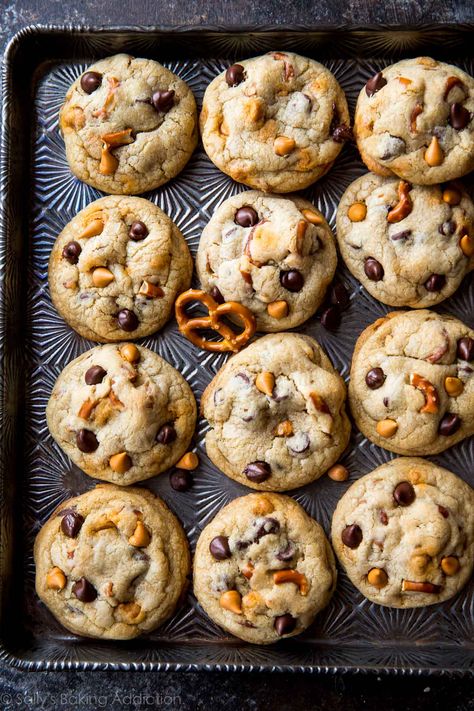 Pretzel Chocolate Chip Cookies, Strawberry Chocolate Chip Cookies, Oatmeal Scotchies, Pretzel Chocolate, Pretzel Cookies, Butterscotch Cookies, Best Christmas Cookie Recipe, Sally's Baking, Soft Chocolate Chip Cookies