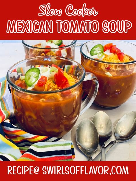 When it’s chilly outside and you’re craving a homemade soup, Mexican Tomato Soup cooks itself in the slow cooker for you. Just 6 ingredients, and your favorite toppings, are all it takes to put a Mexican spin on old fashioned tomato rice soup! Mexican Tomato Soup, Tomato Rice Soup, Easy Homemade Soups, Bacon Corn Chowder, Queso Fresco Cheese, Cream Of Tomato Soup, Creamy Chicken Soup, Tomato Rice, Homemade Soup Recipe