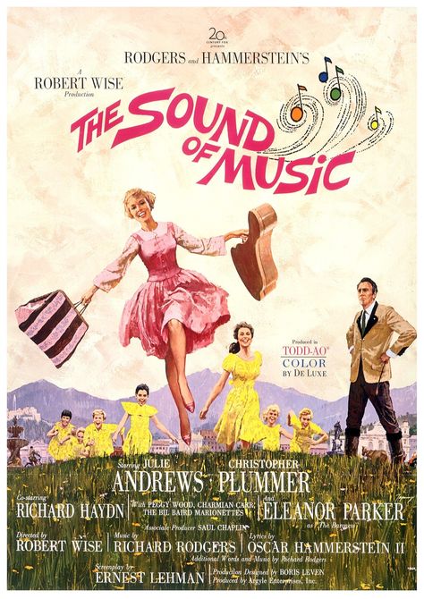 "The Sound of Music is a 1965 American musical drama film produced and directed by Robert Wise, and starring Julie Andrews and Christopher Plummer, with Richard Haydn, Peggy Wood, Charmian Carr, and Eleanor Parker. The film is an adaptation of the 1959 stage musical of the same name, composed by Richard Rodgers with lyrics by Oscar Hammerstein II. The film's screenplay was written by Ernest Lehman, adapted from the stage musical's book by Lindsay and Crouse. Based on the 1949 memoir The Story of Music Movie Poster, Julie Andrews Movies, Sound Of Music Movie, Christopher Plummer, The Sound Of Music, Julie Andrews, Los Angeles Usa, National Park Posters, Drama Film