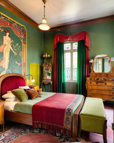 Art nouveau style colorful vintage room Art Nuevo Bedroom, Art Nouveau Maximalist Interior, French Art Nouveau Interior, Art Nouveau Bedroom Interior Design, Modern Art Nouveau Interior, Colorful Vintage Room, Art Nouveau Room, Art Nouveau Apartment, Art Nouveau Interior Design