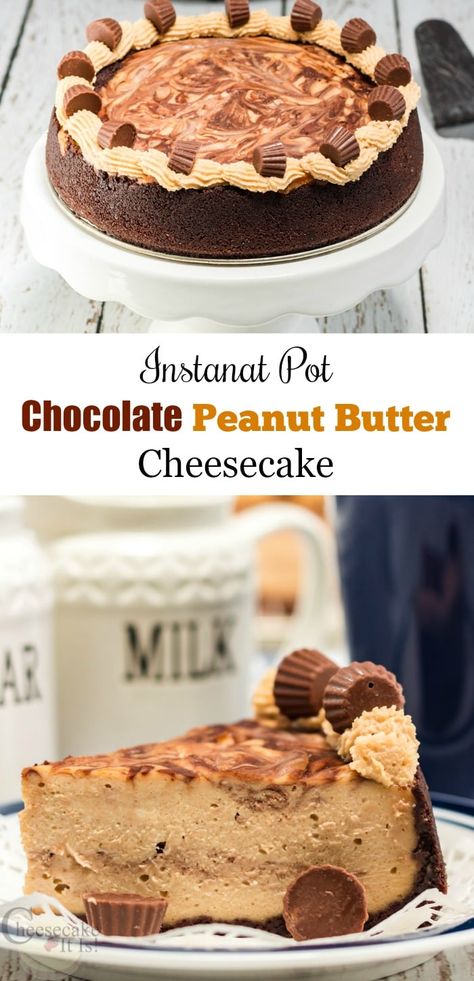 This chocolate peanut butter cheesecake is sure to make your mouth water just thinking about it. So rich and creamy it is sure to be a hit. Made right in the Instant Pot! Instant Pot Cheesecake Recipes, Instant Pot Cooking Times, Cheesecake Treats, Pressure Cooker Cheesecake, Dessert Peanut Butter, Instant Pot Dessert Recipes, Cheesecake Recipes Easy, Instant Pot Cheesecake, Best Cheesecake Recipes