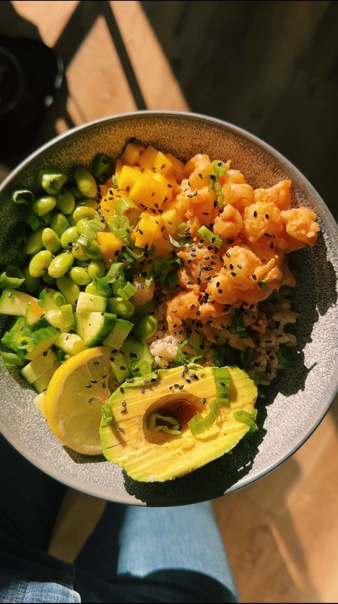 Spicy Shrimp Poke Bowl Spicy Shrimp Bowl, Shrimp Bowl Recipe, Shrimp Poke Bowl, Butter Poached Lobster Tail, Shelled Edamame, Short Grain Rice, Shrimp Bowl, Butter Poached Lobster, Wls Recipes