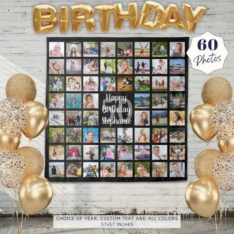 Birthday 60 Photo Collage Personalized Tapestry Party Theme Colors, Birthday Photo Displays, Happy Birthday Stephanie, Collage Memories, Tapestry Backdrop, Square Pictures, Diy Photo Display, Birthday Photo Collage, Instagram Square