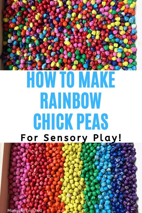 Looking for an easy DIY sensory base for your kids? Chick peas are not only the perfect size for those little hands, but they are incredibly easy to color as well! Check out our method that takes LESS THAN 5 MINUTES! A beautiful sensory base to last through years of play! #sensorybin #sensoryplay #chickpeas #colorchickpeas #diy #playathome #preschoolactivities #homeschool #montessori #kidsactivities #easyactivity #stayhome #rainbowchickpeas Sensory Diy, Chic Peas, Homeschool Montessori, Sensory Kits, Color Sorting Activities, Diy Sensory, Homeschooling Preschool, Sensory Boxes, Homemade Playdough