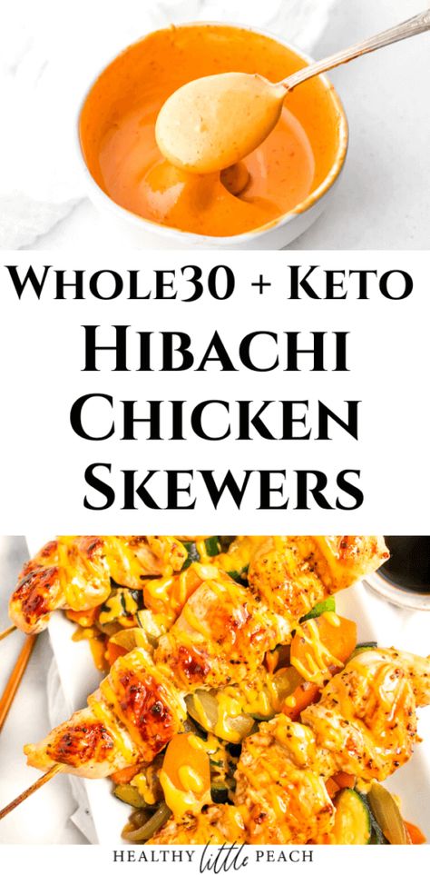 Hibachi chicken skewers served over grilled veggies and drizzled with Bang Bang Sauce. This recipe is Whole30, Keto and Paleo compliant. #whole30 #whole30recipes #keto #ketorecipes #hibachi #hibachichicken #chicken #chickenskewers #hibachirecipes Healthy Little Peach, Hibachi Chicken, Bang Bang Sauce, 30 Challenge, Whole30 Keto, Best Meal Prep, Paleo Life, Keto Paleo, Grilled Veggies