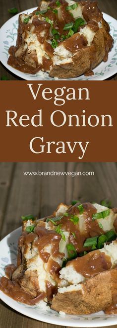 This Vegan Red Onion Gravy will surely be the hit of the party. A rich, flavorful gravy perfect for ladling over fluffy baked potatoes, or that Holiday Lentil Loaf. Veggie Gravy, Fluffy Baked Potatoes, Red Onion Gravy, Onion Gravy Recipe, Lentil Meatloaf, Vegan Dips, Lentil Loaf, Vegan Gravy, Vegan Holiday