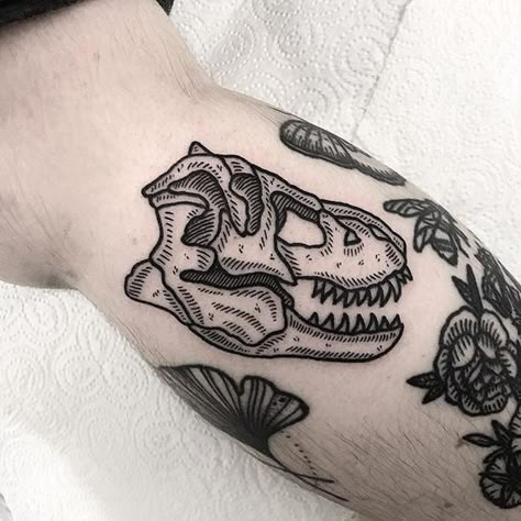 T Rex Skull Tattoo, Tyrannosaurus Rex Skull, T Rex Tattoo, T Rex Skull, Dinosaur Tattoo, Dinosaur Skull, Woodcut Tattoo, Engraving Tattoo, Dinosaur Tattoos