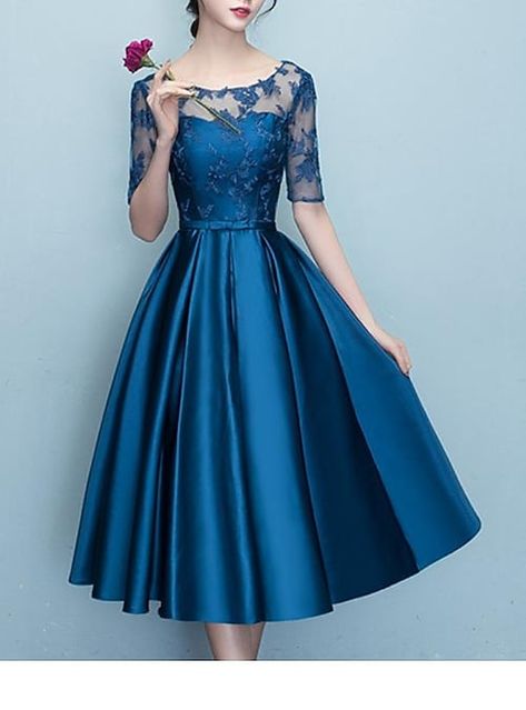 Tea Length Formal Dresses, Debut Party, Slavic Style, Bride Dress Elegant, Bride Dress Vintage, Tea Length Prom Dress, Mob Dress, Tea Dresses, Wedding Bridesmaids Dresses Blue