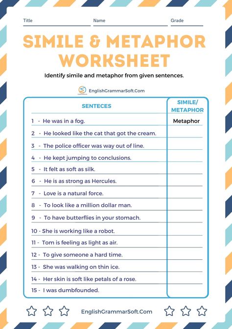 Metaphor Worksheet Grade 5, Simile Metaphor Personification, Metaphor Worksheet, Metaphor Poems, Simile Vs Metaphor, Metaphor Activities, Simile And Metaphor, Simile Worksheet, Question Tag