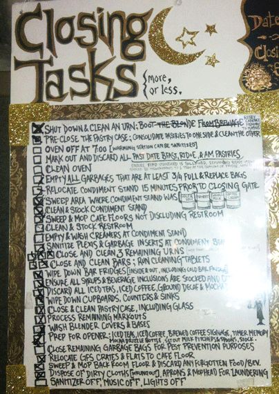 Starbucks closing tasks list... I'm probably gonna need this one sooner than later! Starbucks Organization Ideas, Starbucks Manager Ideas, Starbucks Employee Board, Starbucks Manager, Starbucks Closing Checklist, Starbucks Employee, Starbucks Delivery, Starbucks Training Guide, Starbucks Barista Training