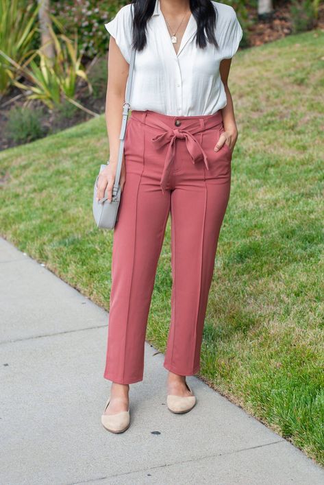 Rose Pants Outfit, School Work Outfits, Pink Flats Outfit, Salmon Pants, Neutral Blouses, Wardrobe Checklist, White Button Up Blouse, Neutral Pants, Cream Flats