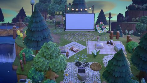 Outdoor Movie Animal Crossing, Outdoor Movie Area, Animal Crossing Movie, Outside Movie, Cinema Idea, Island Movies, Outdoor Movie Theater, Garden Rock Border, Outdoor Cinema