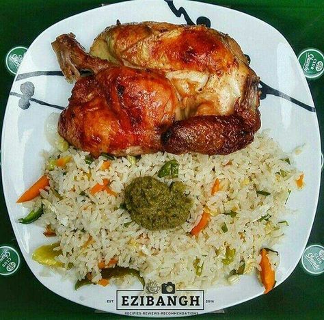 Fried rice with grinded kpakposhito and grilled chicken Ghana Fried Rice And Chicken, Ghana Fried Rice, Fried Rice And Chicken, Ghanaian Dishes, Nigerian Dishes, Ghana Food, Ghanaian Food, Rice And Chicken, Rice Side Dish Recipes