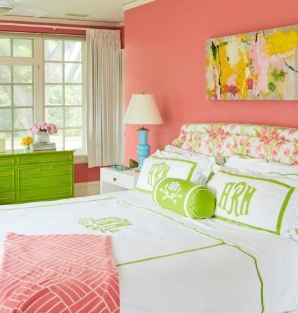 Pink and green create a welcoming tone in this bedroom, with more cheery colors in the artwork over the bed. More photos from this colorful home:  http://www.midwestliving.com/homes/featured-homes/a-classic-home-holds-color-secrets-inside/?page=9 Girls Bedroom Green, Coral Bedroom, Monogram Bedding, Pink Bedroom For Girls, Yellow Bedroom, Bedroom Green, Awesome Bedrooms, Cool Rooms, Kid Beds