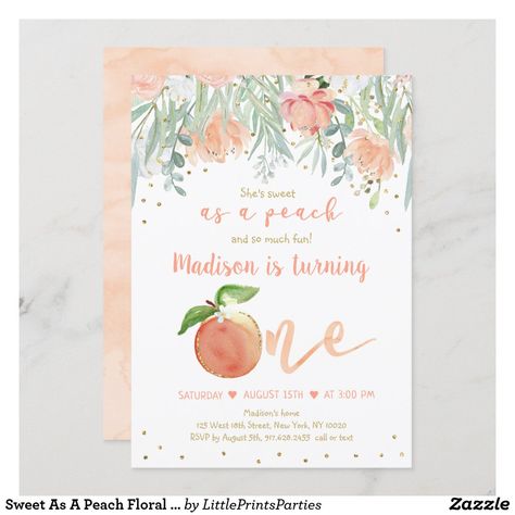 Amelia Grey, Peach Birthday, Sweet As A Peach, Gold First Birthday, Peach Party, Summer Party Invitations, 21st Birthday Invitations, 1st Birthday Themes, Mermaid Birthday Invitations