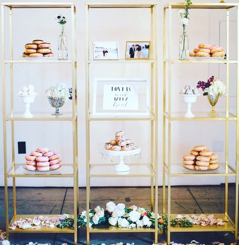 Wedding donut dessert display Miscellanea gold glass shelving Dessert Display Wedding, Donut Display, Glass Shelving, Gold Shelves, Wedding Donuts, Donut Dessert, Burnt Orange Weddings, Dessert Bar Wedding, Catering Display