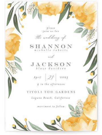 Hufflepuff Wedding, Marigold Wedding, Botanical Bouquet, Foliage Garden, Garden Wedding Invitation, Yellow Wedding Invitations, Drawn Leaves, Hand Drawn Leaves, Wreath Wedding Invitations