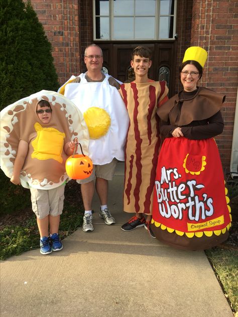 Halloween costumes- Pancake, Egg, Bacon, and Syrup. A family of four breakfast club-2016 Bacon Costume Diy, Pancake Halloween Costume, Breakfast Halloween Costumes, Food Mascot Costumes, Breakfast Food Costumes, Family Food Halloween Costumes, Restaurant Halloween Costumes, Bacon And Eggs Costume, Breakfast Costume