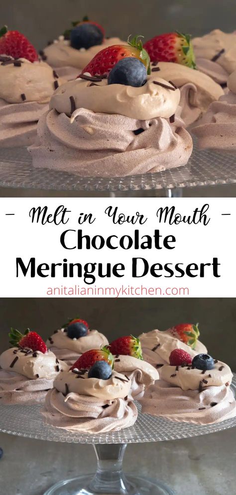 Easy But Delicious Desserts, Baked Meringue Dessert, Meringue Desserts Ideas, Merengue Desserts, Individual Meringues, Chocolate Meringue Cake, Chocolate Meringues, Meringue Recipes, Chocolate Meringue Cookies