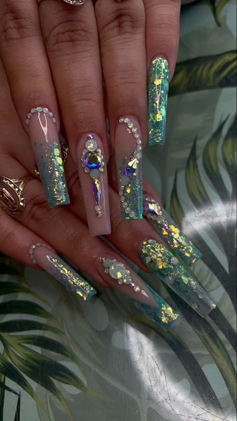 Blue Green Glitter Nails, Mermaid Nails Blue Green, Mermaid Nails Long, Blue Green Prom Nails, Blue Green Nails Acrylic, Mermaid Nails 2023, Little Mermaid Nails Designs, Mermaid Nails Design Glitter, Mermaid Blue Nails