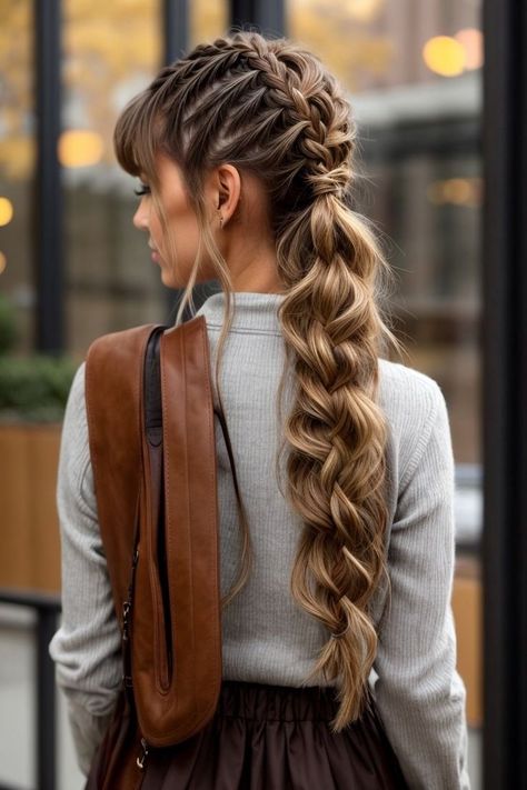 #hairstyleinspo #hairgoals #hairtrends #hairstyleideas #hairinspiration#Braid Bangs Braided Hairstyles, Braided Hairstyles With Bangs, Twisted Chignon, Κούρεμα Bob, Beautiful Braided Hair, Fishtail Braid, Hairstyle Tutorial, High Ponytail, Long Hair With Bangs