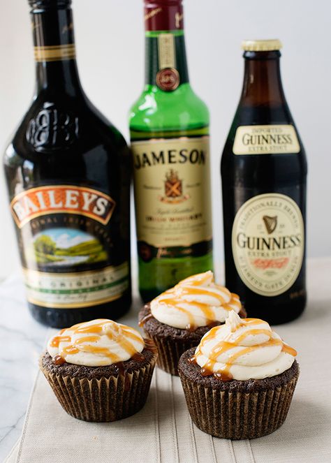 Baked Bree | Guinness Irish Cream Cupcakes. Jameson Caramel Sauce, Guinness Cupcakes, Bailey’s Frosting Irish Car Bomb Cupcakes, Irish Cream Cupcakes, Whiskey Caramel, Irish Car Bomb, Irish Car, Guinness Cake, Jameson Whiskey, Car Bomb, Cream Cupcakes