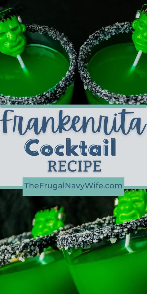 This fun and easy-to-make Frankenrita Cocktail is perfect for Halloween parties or just enjoying a spooky night in. #frankenstein #halloween #cocktail #frugalnavywife #holiday #drink | Frankenrita Cocktail | Halloween | Easy Cocktail Recipe | Alcohol | Frankenstein Party Food, Halloween Drinks Easy Alcohol, Orange Halloween Drinks Alcohol, Frankenstein Themed Food, Black Shots Alcohol, Themed Cocktails Party Ideas, Frankenstein Margarita, Horror Movie Cocktails, Beetlejuice Cocktail Recipe