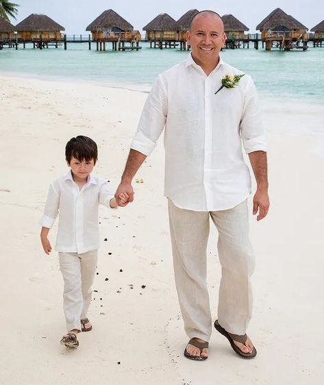 Beach Wedding Attire For Groom | Wedding Tropics Beach Wedding Parents Attire, Groomsmen Attire Beach Wedding Shorts, Simple Beach Wedding Ideas Groom Attire, Boys Beach Wedding Outfit, Beach Wedding Clothes For Men, Beach Wedding Groom Attire Shorts, Semi Formal Beach Wedding Attire, Beach Wedding Groom Attire Casual, Beach Wedding Groom Attire Linen