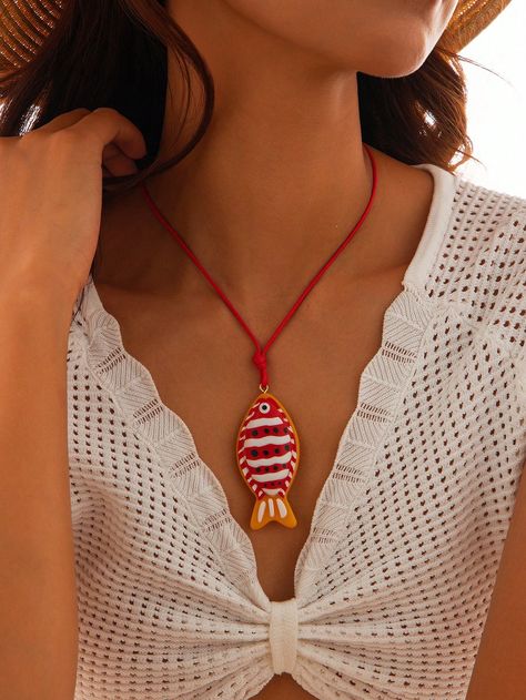 1pc Personalized Fashion Bohemian Style & Ocean Sea Fish Shaped Pendant Rope Necklace, Women Daily Wear, Festival Gift, Beach Vacation Decoration Charm Jewelry Red    Polyamide     Women Fashion Jewelry, size features are:Bust: ,Length: ,Sleeve Length: Ceramic Jewerly, Fashion Bohemian, Fish Shapes, Necklace Women, Rope Necklace, Sea Fish, Charm Jewelry, Beach Vacation, Bohemian Style