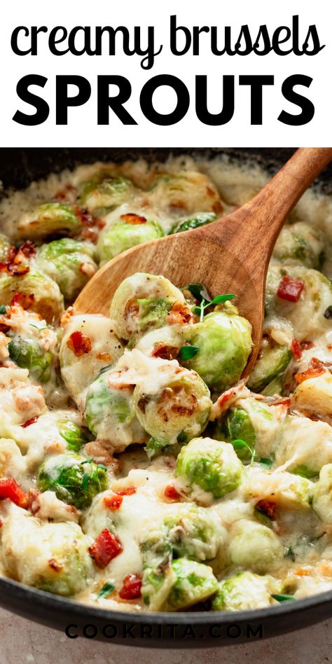 Indulge in these Creamy Oven-Baked Brussels Sprouts! Tender Brussels sprouts are smothered in a rich, velvety sauce and baked to golden perfection. This deliciously creamy dish is perfect for cozy dinners and pairs beautifully with any main course. A must-try comfort food! Bacon And Brussels Sprout Orecchiette, Brussels Sprouts Spaghetti, Creamy Brussel Sprouts With Bacon, Dinner With Brussel Sprouts, Brussel Sprouts Casserole, Best Brussel Sprout Recipe, Creamy Brussel Sprouts, Brussel Sprout Casserole, Brussels Sprouts And Bacon