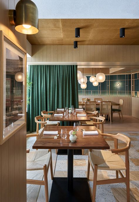 Earth Colour Palette, Timber Wall Panels, Design Anthology, Dining Room Floor, Timber Walls, Top Korean, Glazed Ceramic Tile, Korean Restaurant, Terrazzo Flooring