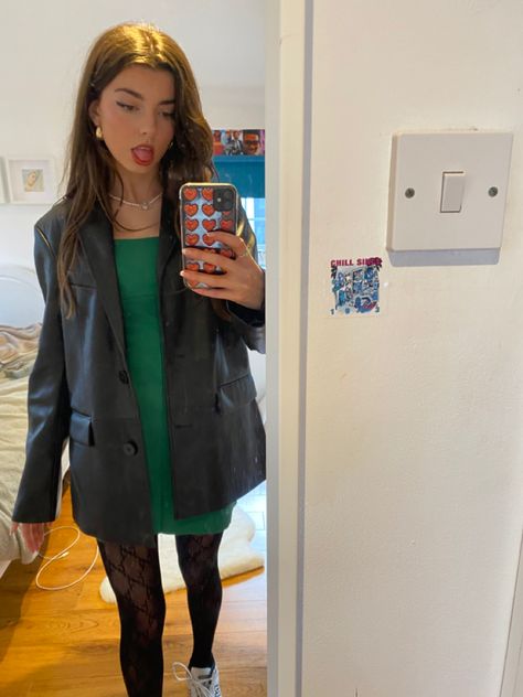 green mini dress leather blazer jacket outfit style aesthetic street mirror selfie phone case Leather Blazer Jacket Outfit, Street Mirror Selfie, Street Mirror, Selfie Phone Case, Selfie Phone, Aesthetic Street, Leather Blazer Jacket, Dress Leather, Green Mini Dress