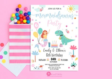 Mermaids Birthday Party, Birthday Party Rainbow, Double Birthday Parties, Sibling Birthday Parties, Unicorn Invitation, Dinosaur Invitations, Magical Birthday, Dinosaur Birthday Invitations, Princess Invitations