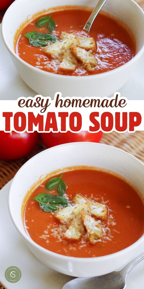 tomato soup in bowls Easy Homemade Tomato Soup, Homemade Tomato Basil Soup, Basil Soup Recipe, Homemade Tomato Soup Recipe, Tomato Basil Soup Recipe, Homemade Tomato Soup, Delicious Breakfast Casserole, Creamy Tomato Basil Soup, Tomato Soup Easy